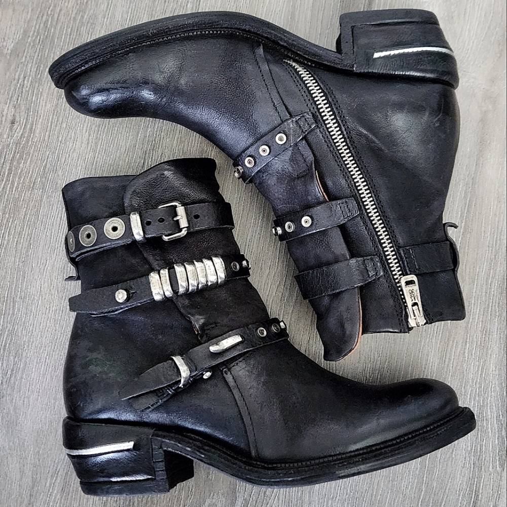 FREE PEOPLE A.S. 98 IVES MOTO BELTED BIKER BOOT IN BLACK LEATHER 38 U.S. 7.5 - 8